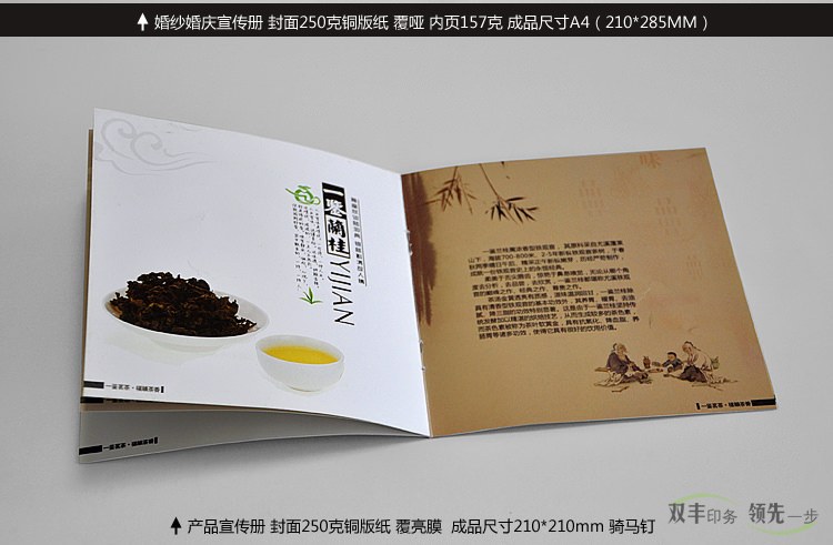 產(chǎn)品宣傳冊(cè) 封面250克銅版紙覆亮膜，成品尺寸橫版A4(210*285MM)